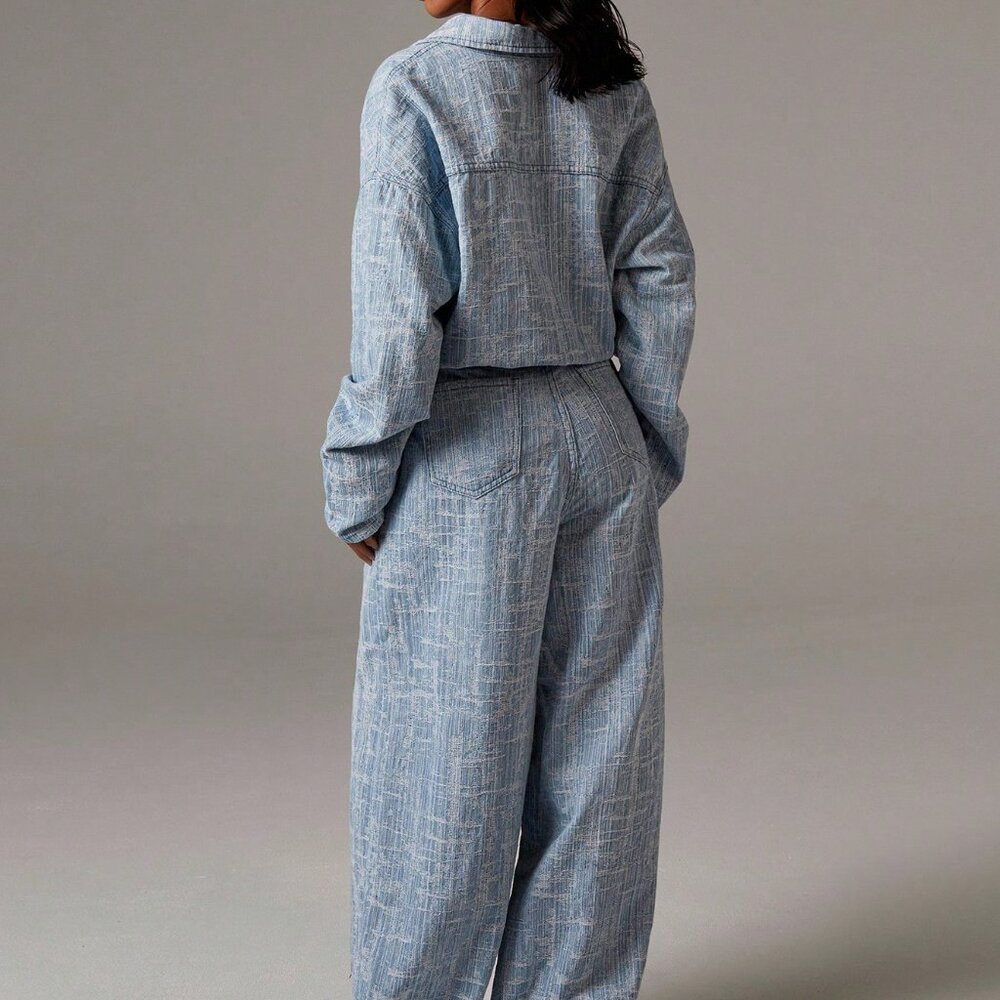 Blue Casual Women's Chambray Drop Shoulder Long Sleeve Wide Leg Denim Jumpsuit - Picture 2 of 5